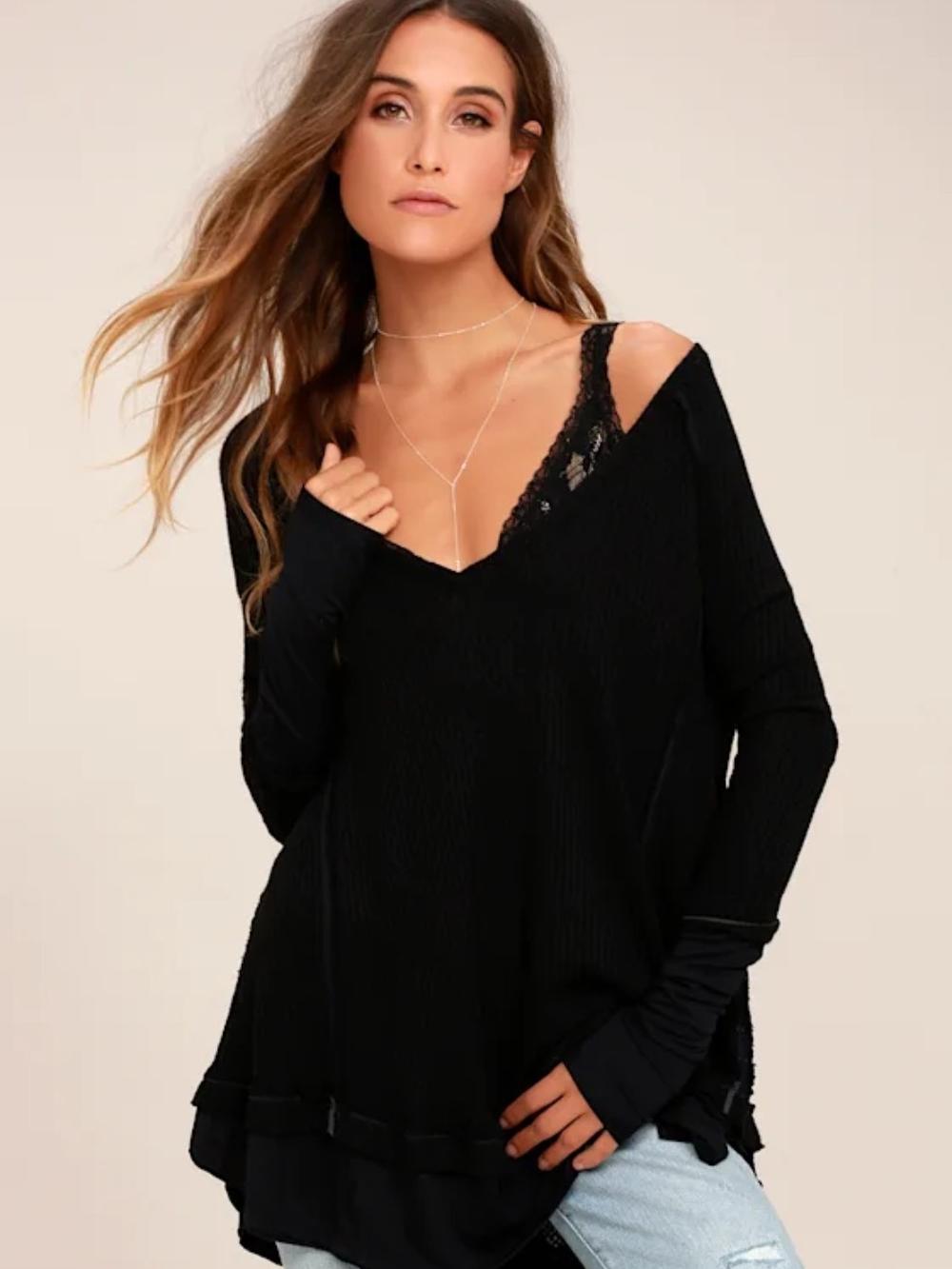 Free People We The Free Laguna Black Thermal Long Sleeve Top L
